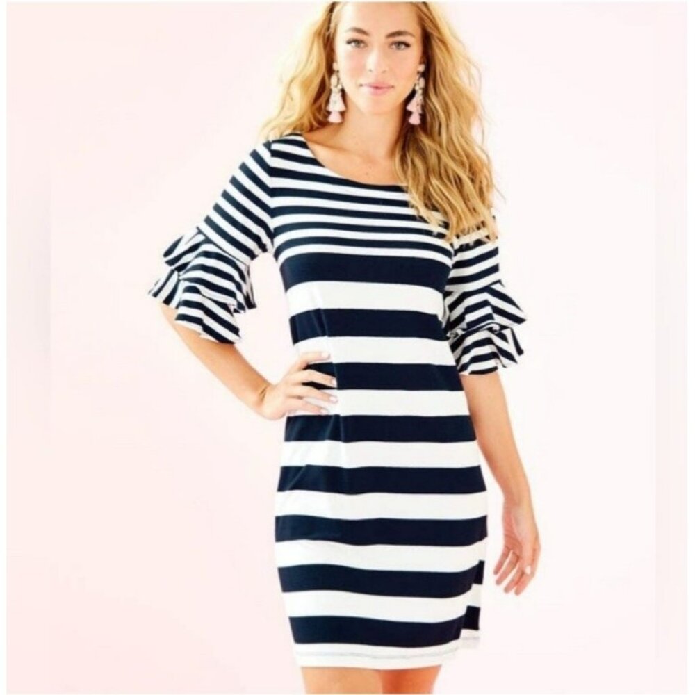 New Lilly Pulitzer Lula Navy White Striped Scoop Neck Ruffle Sleeve Shift Dress